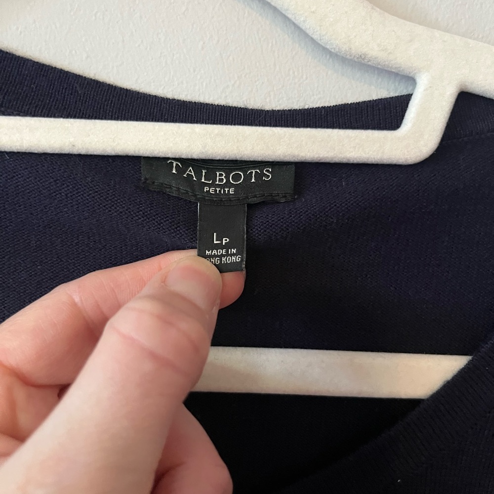Talbots navy blue French word button down cardigan sweater size petite large - Picture 3 of 6
